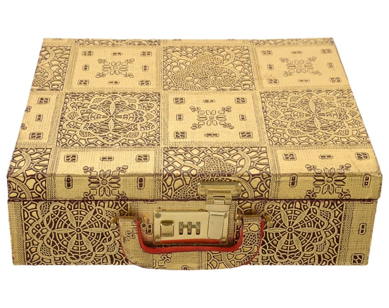 Kuber Industries Kuber Industries Multipurpose Wooden Emobssed Design 4 Rod Bangle Box/Organizer/Case With Mirror & Number Lock System (Gold)-47KM0557  - Image 2