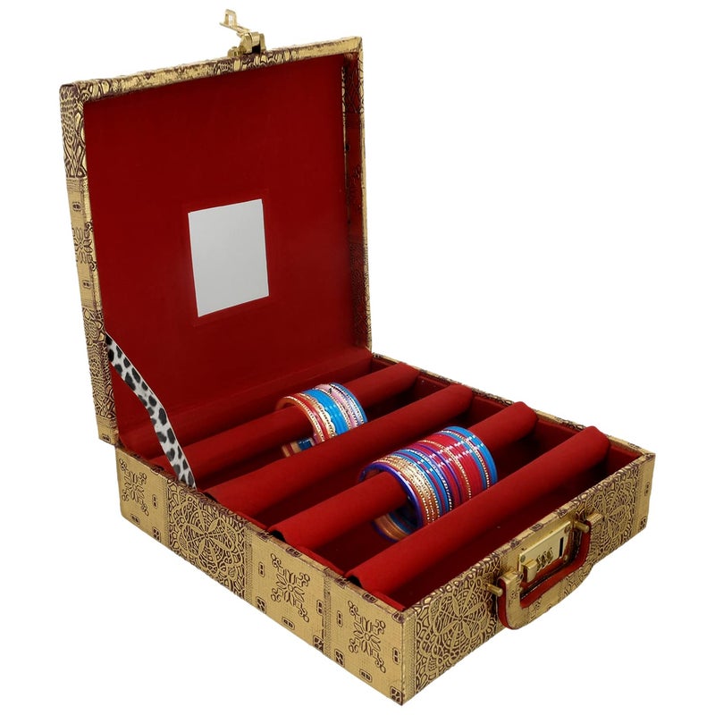 Kuber Industries Kuber Industries Multipurpose Wooden Emobssed Design 4 Rod Bangle Box/Organizer/Case With Mirror & Number Lock System (Gold)-47KM0557  - Image 4