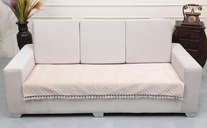 AAZEEM Original Velvet Sofa Cover | Stretch Fitted | Removable Washable Furniture Protector Slipcovers | Cream Color| 1 Seater Sofa Cover with Tassel| - Image 1