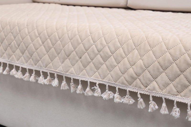 AAZEEM Original Velvet Sofa Cover | Stretch Fitted | Removable Washable Furniture Protector Slipcovers | Cream Color| 1 Seater Sofa Cover with Tassel| - Image 4