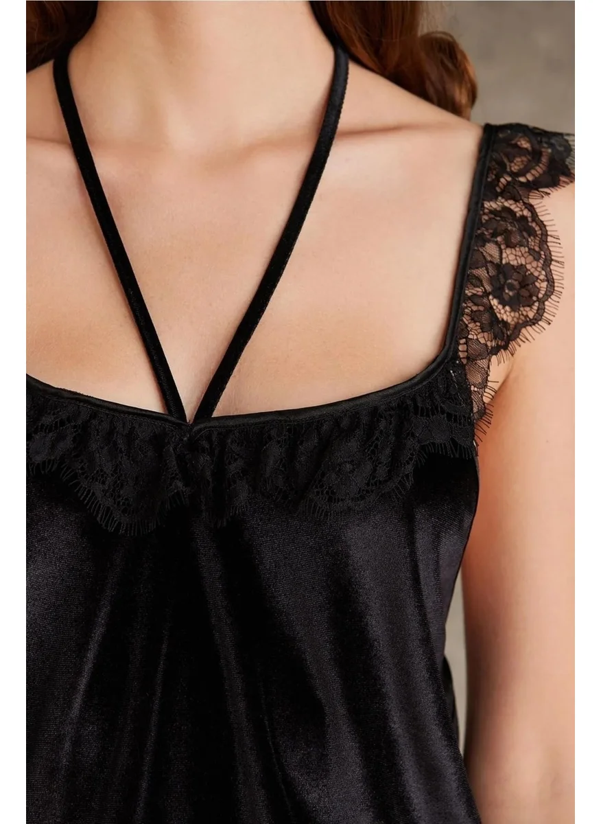 pierre cardin 4800 Women's Lace Velvet Jumpsuit Dressing Gown Set-Black
