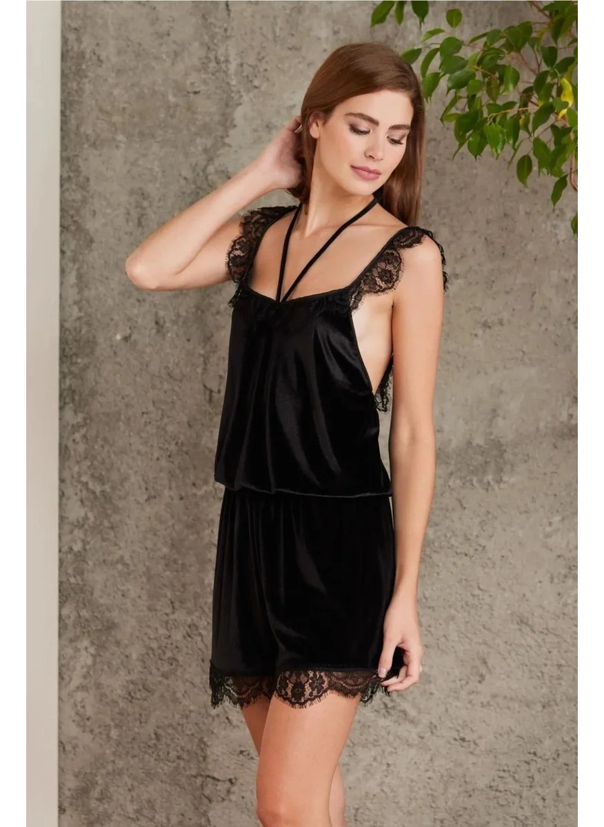 pierre cardin 4800 Women's Lace Velvet Jumpsuit Dressing Gown Set-Black