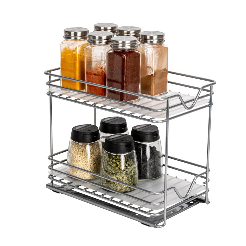 Household Essentials Household Essentials Glidez PaintFinished Steel PullOutSlideOut Storage Organizer with Plastic Liner for Spice Rack Use  2 Tier Design  Fits Standard Size Cabinet or Shelf Brushed Silver 