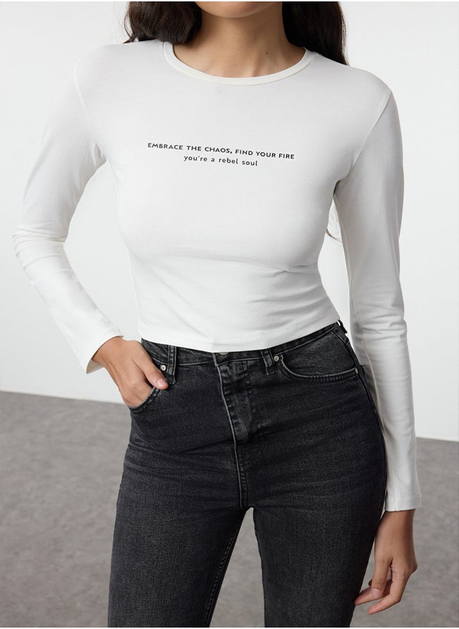 trendyol - Ecru Slogan Printed Crop Stretch Knit Blouse TWOAW25BZ00148 - Image 1