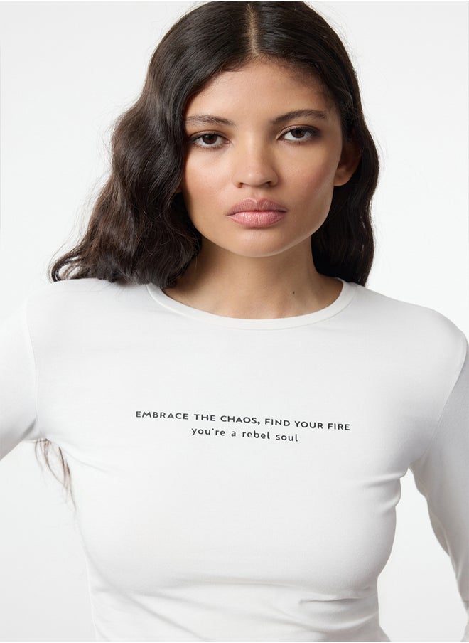 trendyol - Ecru Slogan Printed Crop Stretch Knit Blouse TWOAW25BZ00148 - Image 1