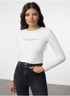 Ecru Slogan Printed Crop Stretch Knit Blouse TWOAW25BZ00148