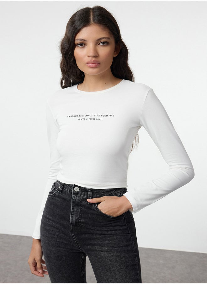 trendyol - Ecru Slogan Printed Crop Stretch Knit Blouse TWOAW25BZ00148 - Image 1