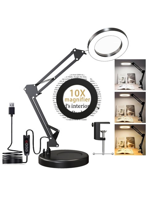 Magnifying Glass with Light and Stand, 10X Magnifying Lamp, 2-in-1 LED Lighted Desk Magnifier with Light, Craft Light Lamp with 3 Color Modes for Close Work Reading Repair Crafts