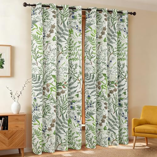 keensoft Botanical 100% Blackout Curtains for Bedroom 63 Inch Length 2 Panels Set Beige Green Plant Floral Black Out Curtains Insulated Grommet Room Darkening Window Drapes for Living Room，52Wx63L - Image 2