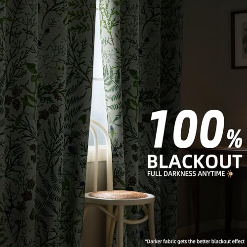 keensoft Botanical 100% Blackout Curtains for Bedroom 63 Inch Length 2 Panels Set Beige Green Plant Floral Black Out Curtains Insulated Grommet Room Darkening Window Drapes for Living Room，52Wx63L - Image 3