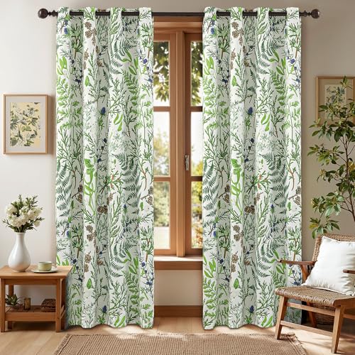 keensoft Botanical 100% Blackout Curtains for Bedroom 63 Inch Length 2 Panels Set Beige Green Plant Floral Black Out Curtains Insulated Grommet Room Darkening Window Drapes for Living Room，52Wx63L - Image 1