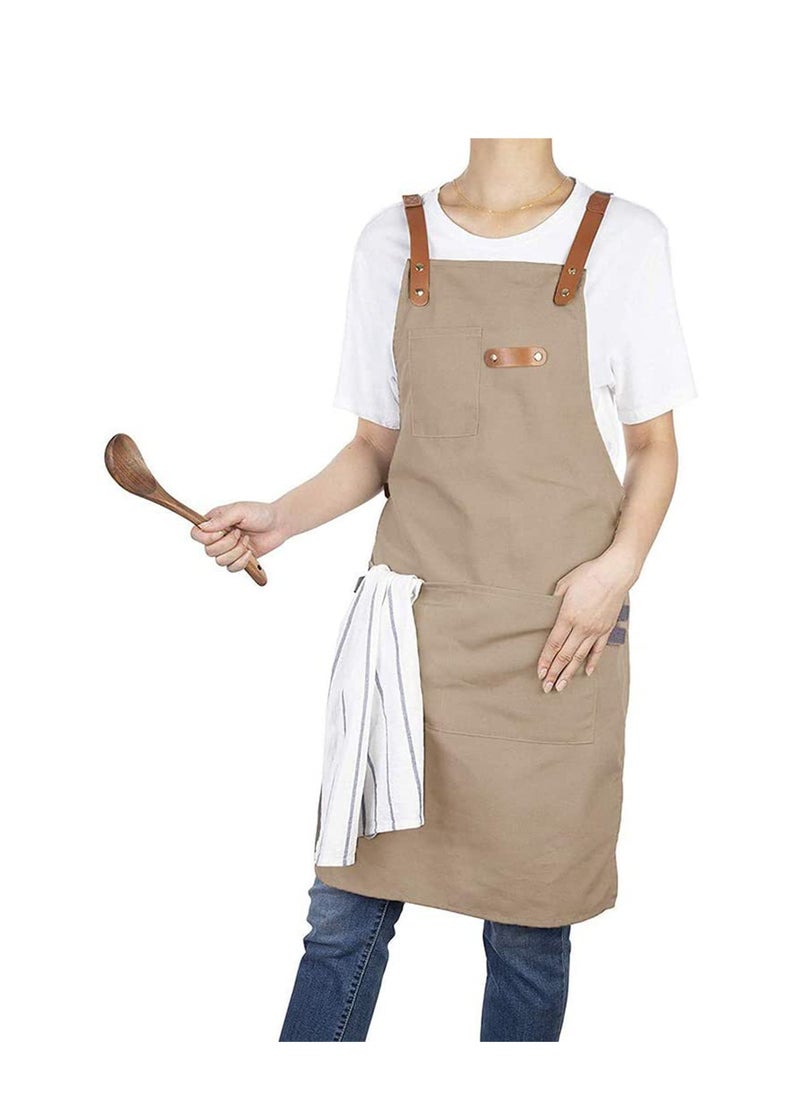 SYOSI - Kitchen Chef Cotton Canvas Apron Barber Works Shop Cooking Cross Back Aprons for Women Men with Pockets (Khaki) Gift for Birthday Valentine's Day Thanksgiving - Image 1