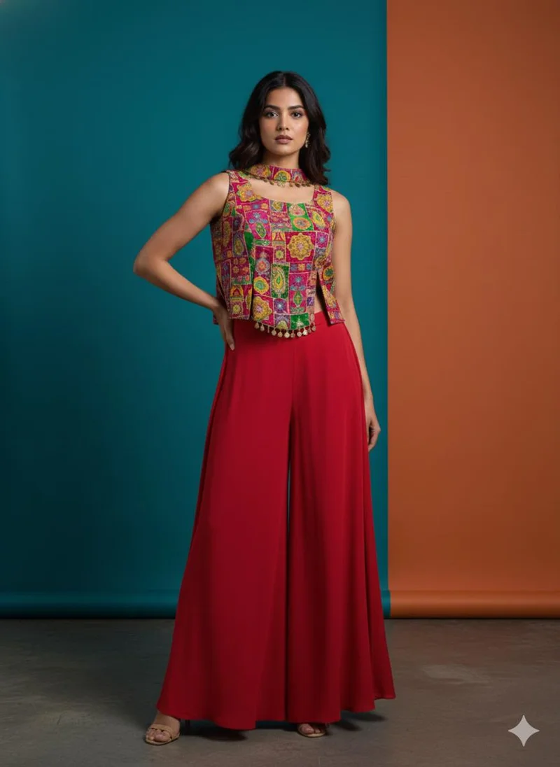 Lehar Red & Multi-Tone Embroidered Palazzo Set