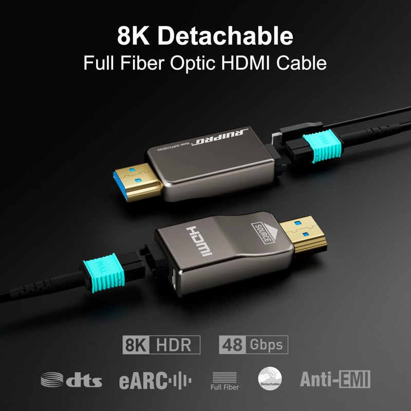 RUIPRO 8K Detachable Full Fiber Optic Armored HDMI 2.1 Cable 50FT, Ultra High Speed 48Gbps, Support 8K@60Hz 4K@120Hz, Dynamic HDR, eARC, Compatible with PS5/Xbox/Blu-ray/TV/Monitor/Projector - Image 2