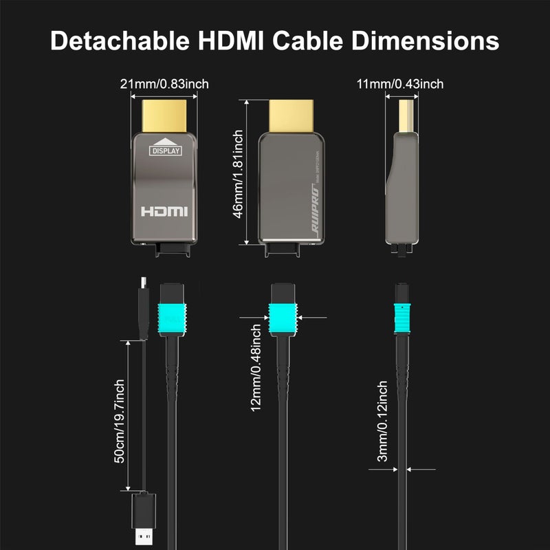 RUIPRO 8K Detachable Full Fiber Optic Armored HDMI 2.1 Cable 50FT, Ultra High Speed 48Gbps, Support 8K@60Hz 4K@120Hz, Dynamic HDR, eARC, Compatible with PS5/Xbox/Blu-ray/TV/Monitor/Projector - Image 3