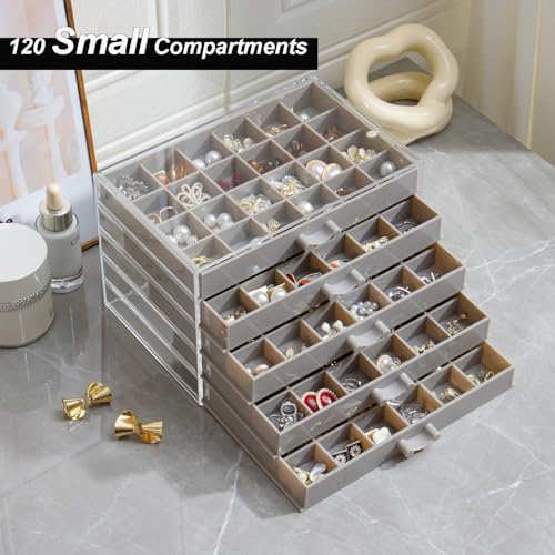YUFONG Earring Storage Box Organizer, Acrylic Jewelry Storage Box Holder 5 Drawers Transparent Jewelry Display Stand with 120 Small Compartments Gift Boxes for Women Girls (Gray) - Image 2