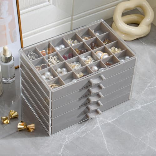 YUFONG Earring Storage Box Organizer, Acrylic Jewelry Storage Box Holder 5 Drawers Transparent Jewelry Display Stand with 120 Small Compartments Gift Boxes for Women Girls (Gray) - Image 5