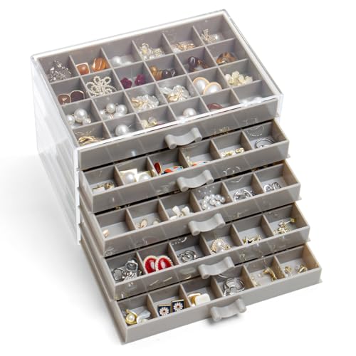 YUFONG Earring Storage Box Organizer, Acrylic Jewelry Storage Box Holder 5 Drawers Transparent Jewelry Display Stand with 120 Small Compartments Gift Boxes for Women Girls (Gray) - Image 1