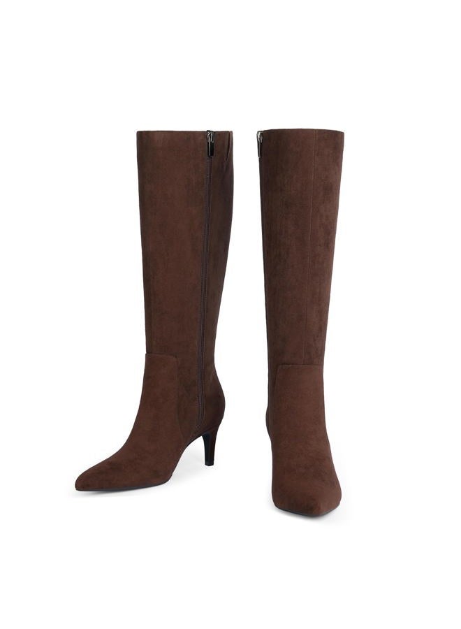 QIY Knee High Boots Women Tall Boots Pointed Toe Kitten Heel Boots for Women Side Zipper Long Fall Boots Women Knee High Boots Size 6-11, Chocolate Suede, 9 - Image 3