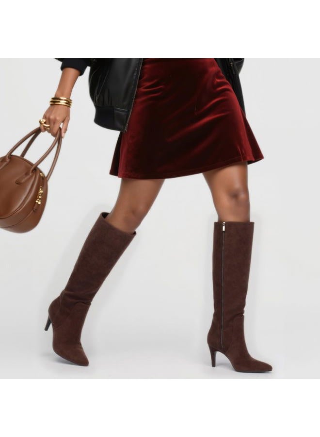 QIY Knee High Boots Women Tall Boots Pointed Toe Kitten Heel Boots for Women Side Zipper Long Fall Boots Women Knee High Boots Size 6-11, Chocolate Suede, 9 - Image 2