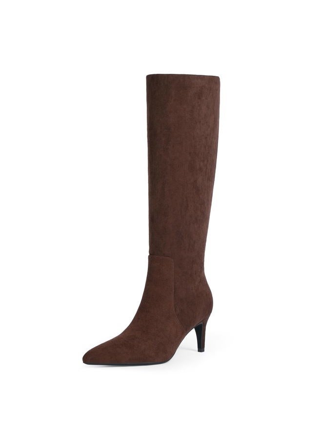 QIY Knee High Boots Women Tall Boots Pointed Toe Kitten Heel Boots for Women Side Zipper Long Fall Boots Women Knee High Boots Size 6-11, Chocolate Suede, 9 - Image 1