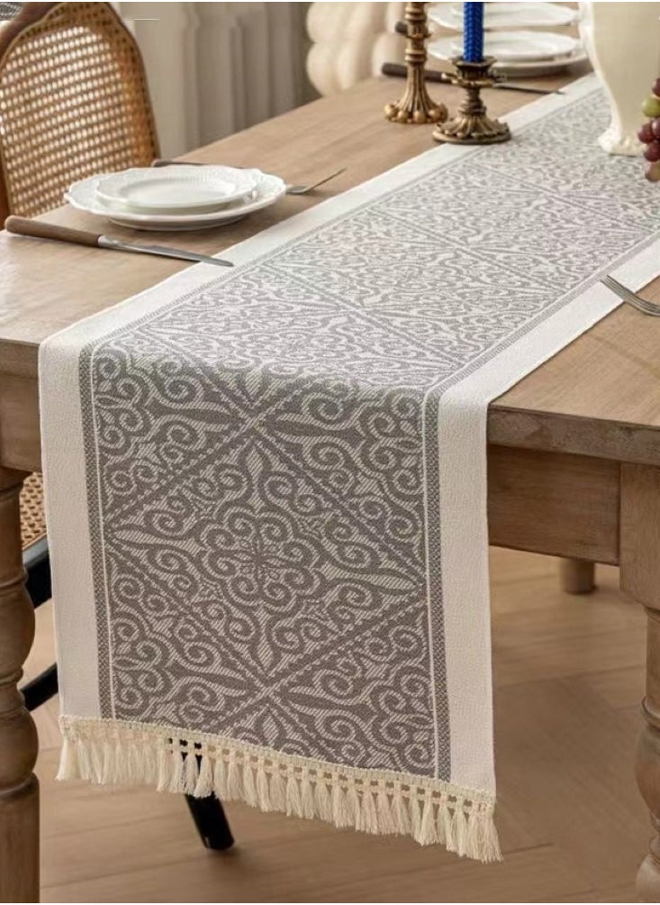 Kutis 1-Piece Geometric Tassel Table Runner Cotton and Linen White/Grey 35x180 cm  - Image 1