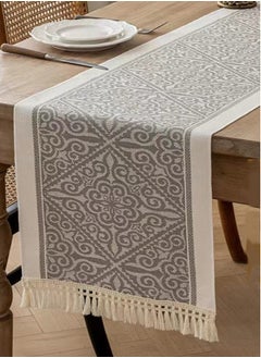 كوتيس 1 قطعة طاولة شرابة هندسية قطن وكتان أبيض/رمادي 35x180 سم  - Image 2