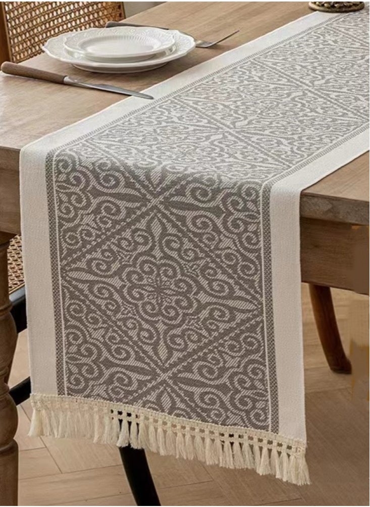Kutis 1-Piece Geometric Tassel Table Runner Cotton and Linen White/Grey 35x180 cm  - Image 2