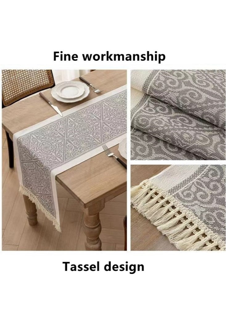 Kutis 1-Piece Geometric Tassel Table Runner Cotton and Linen White/Grey 35x180 cm  - Image 3