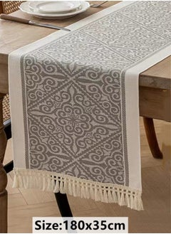 كوتيس 1 قطعة طاولة شرابة هندسية قطن وكتان أبيض/رمادي 35x180 سم  - Image 5