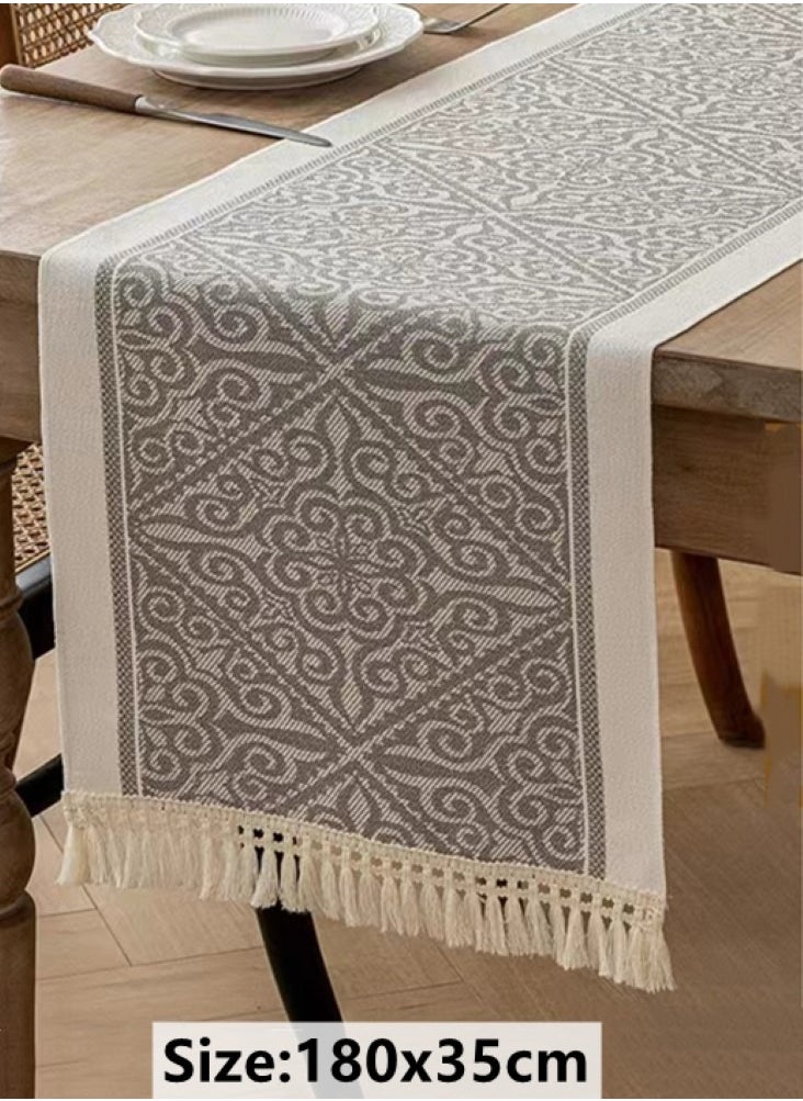 Kutis 1-Piece Geometric Tassel Table Runner Cotton and Linen White/Grey 35x180 cm  - Image 5