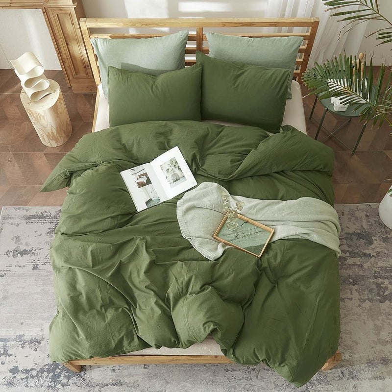 AMWAN Army Green Duvet Cover Twin XL Soft Washed Cotton Bedding Sets 3 Piece Olive Green Duvet Cover 1 Duvet Cover 2 Pillowcases Simple Style Army Green Comforter Cover Cotton Twin XL Bedding Sets - Image 4