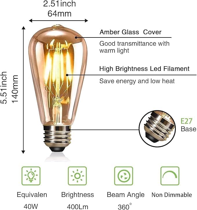 4W Vintage E27 LED Bulb, Warm White, Antique Amber Glass Decorative Bulbs, Pack of 11 - Image 4