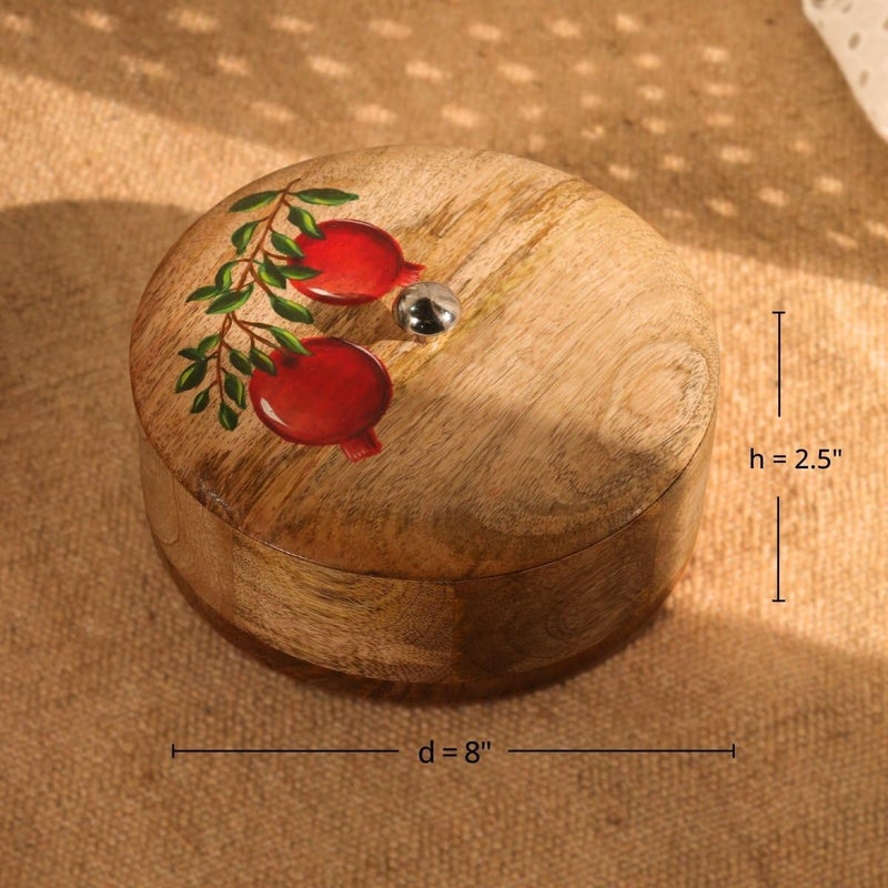 Peepul Tree Handpainted Casserole for Roti Hot Case | Handmade Mango Wood Chapati Box for Kitchen | Hot Pot Casserole for Roti for Tableware Serving | Roti Box with Wooden Lid (Diameter- 8 inches) - Image 2