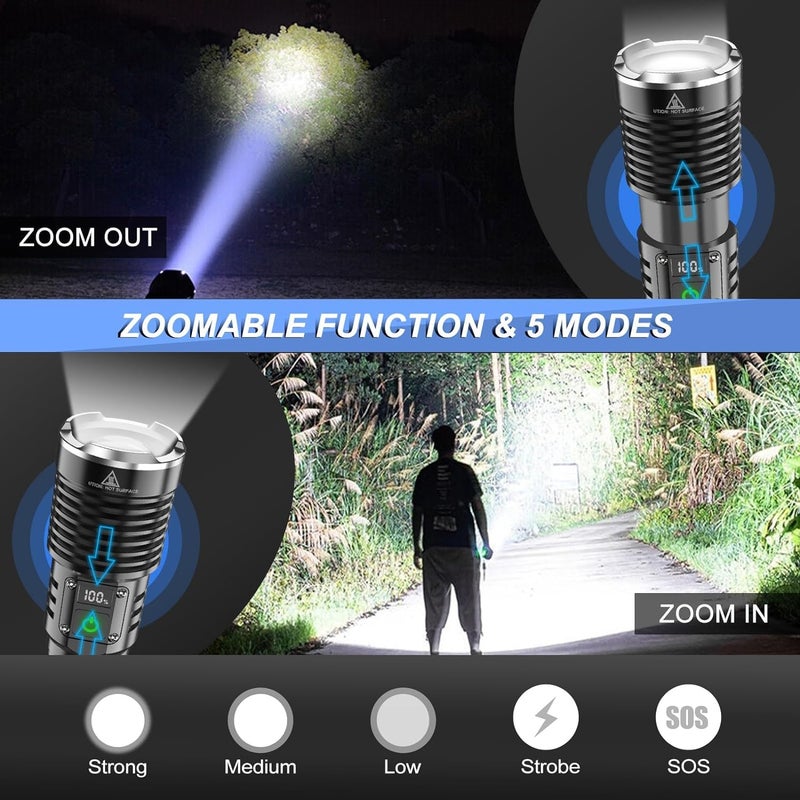 Suicune LED Rechargeable Torch with Display Extremely Bright 30000 Lumens USB Torch Battery Powered IP65 Waterproof 5 Light Modes Adjustable Focus for Camping Hiking Jogging Emergencies - Image 3