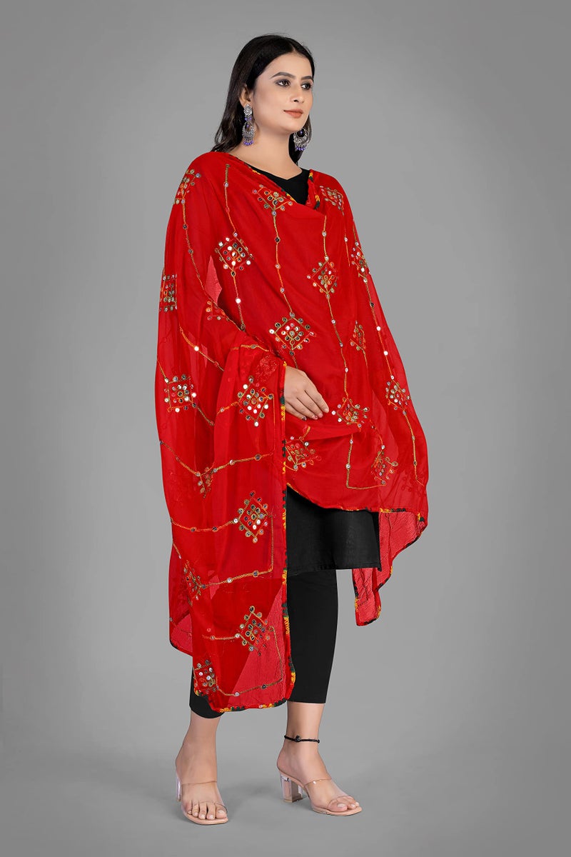 KEMZA Women's Embroidered Mirror Work Chiffon Dupatta (Red_Free size) - Image 3