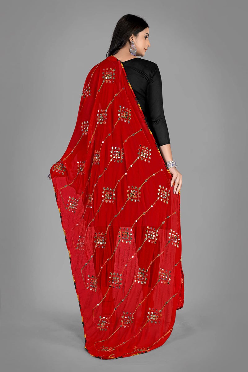 KEMZA Women's Embroidered Mirror Work Chiffon Dupatta (Red_Free size) - Image 4