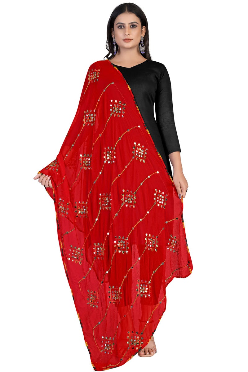 KEMZA Women's Embroidered Mirror Work Chiffon Dupatta (Red_Free size) - Image 1