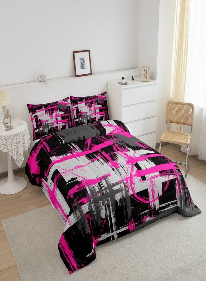 Feelyou Hot Pink Black Grey Comforter Set Queen Size Kids Abstract Art Comforter for Boys Teens Modern Striped Art Bedding Set Breathable Geometric Duvet Set Room Decor Quilt Set - Image 2