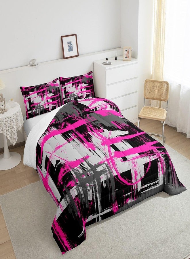 Feelyou Hot Pink Black Grey Comforter Set Queen Size Kids Abstract Art Comforter for Boys Teens Modern Striped Art Bedding Set Breathable Geometric Duvet Set Room Decor Quilt Set - Image 4