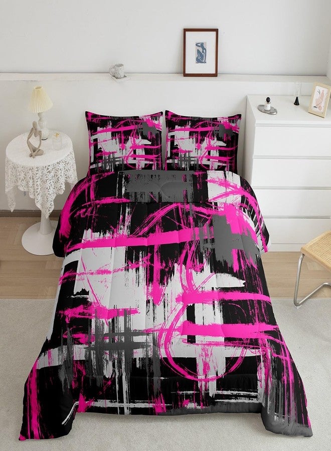 Feelyou Hot Pink Black Grey Comforter Set Queen Size Kids Abstract Art Comforter for Boys Teens Modern Striped Art Bedding Set Breathable Geometric Duvet Set Room Decor Quilt Set - Image 1