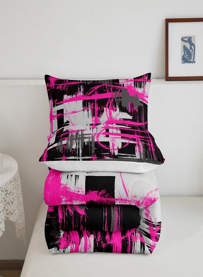 Feelyou Hot Pink Black Grey Comforter Set Queen Size Kids Abstract Art Comforter for Boys Teens Modern Striped Art Bedding Set Breathable Geometric Duvet Set Room Decor Quilt Set - Image 5