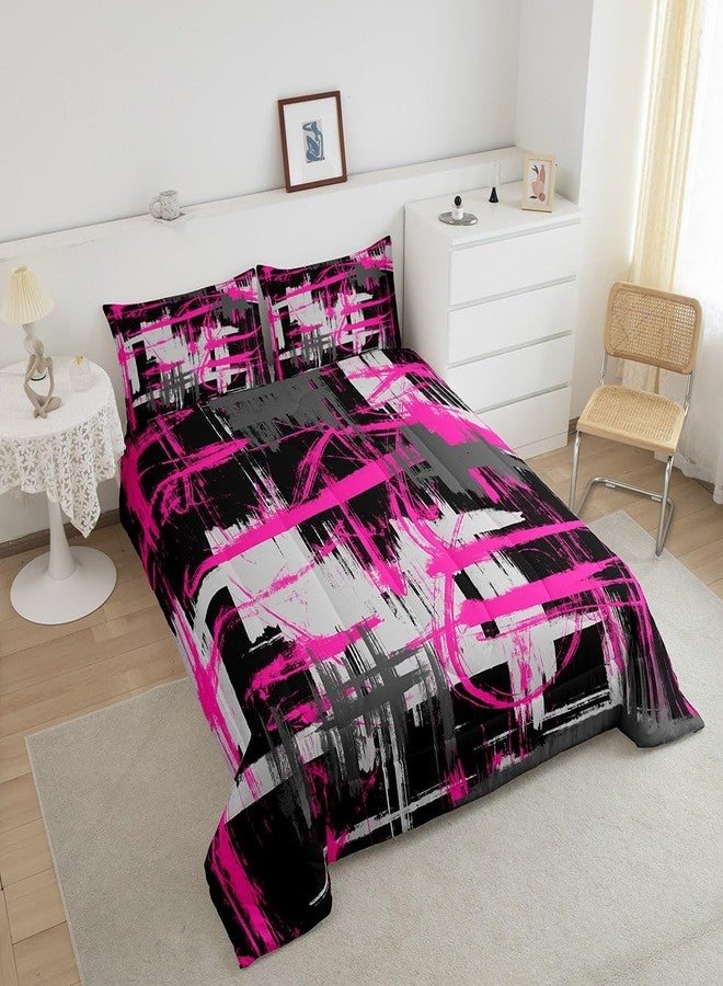Feelyou Hot Pink Black Grey Comforter Set Queen Size Kids Abstract Art Comforter for Boys Teens Modern Striped Art Bedding Set Breathable Geometric Duvet Set Room Decor Quilt Set - Image 3