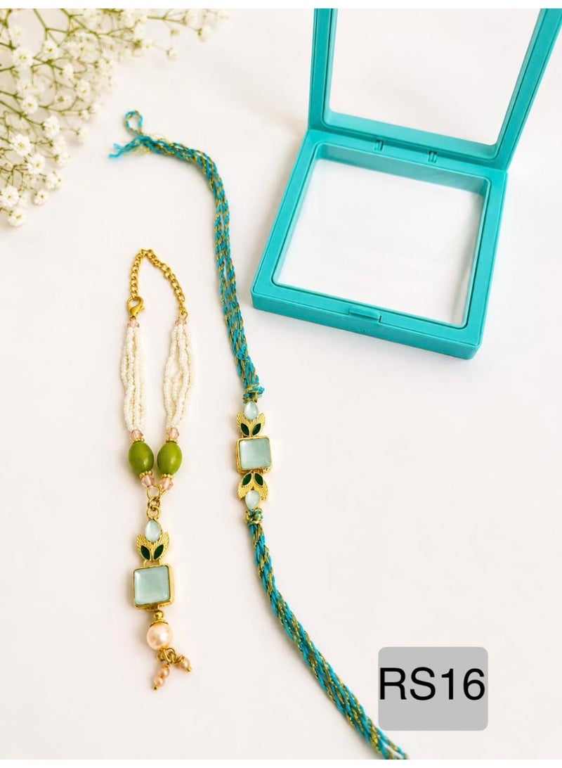 Bhai Bhabhi Rakhi Pair Set for Rakshabandhan | Rakhi Pair, Teal & Gold Thread, Beaded Design, With Gift Box, Festive Jewellery - 36Cm