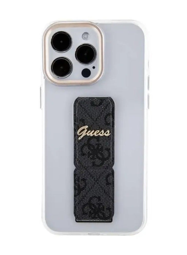 GUESS iPhone 15 Pro Grip Stand Clear Back Cover with 4G Script Logo - Black  - Image 1