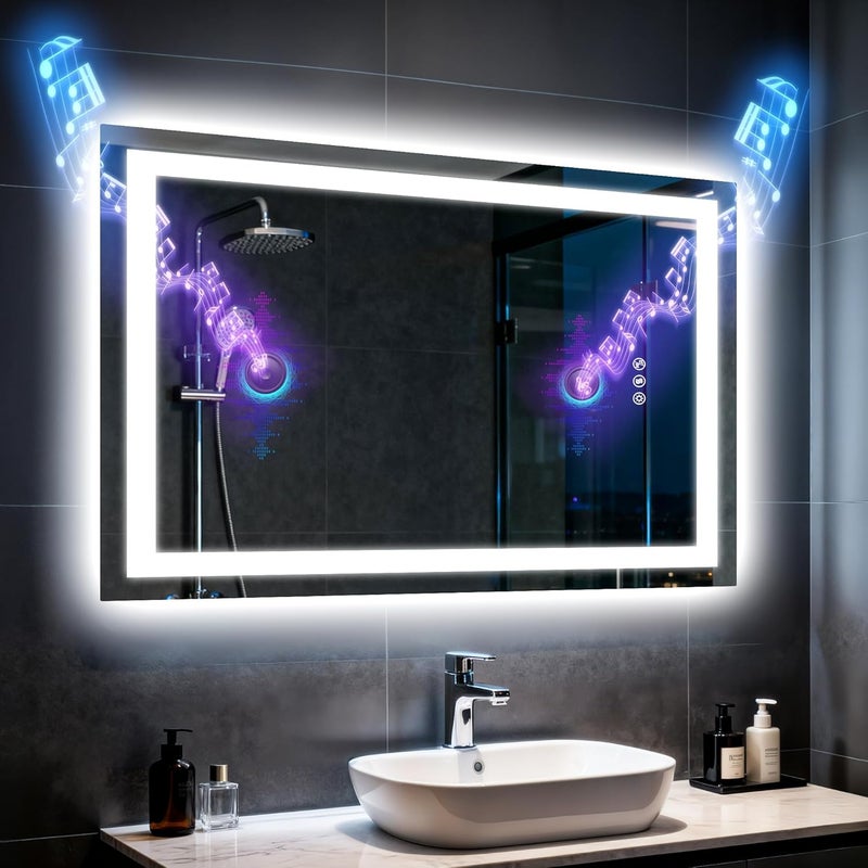 WISFOR Bathroom Mirror with LED Light: Bluetooth Lighted Bathroom Mirror 500x700mm Wall Lighted Mirror with Bluetooth Speakers Dimmable 3 Color Lighting Anti-fog Memory Function Rectangle - Image 2