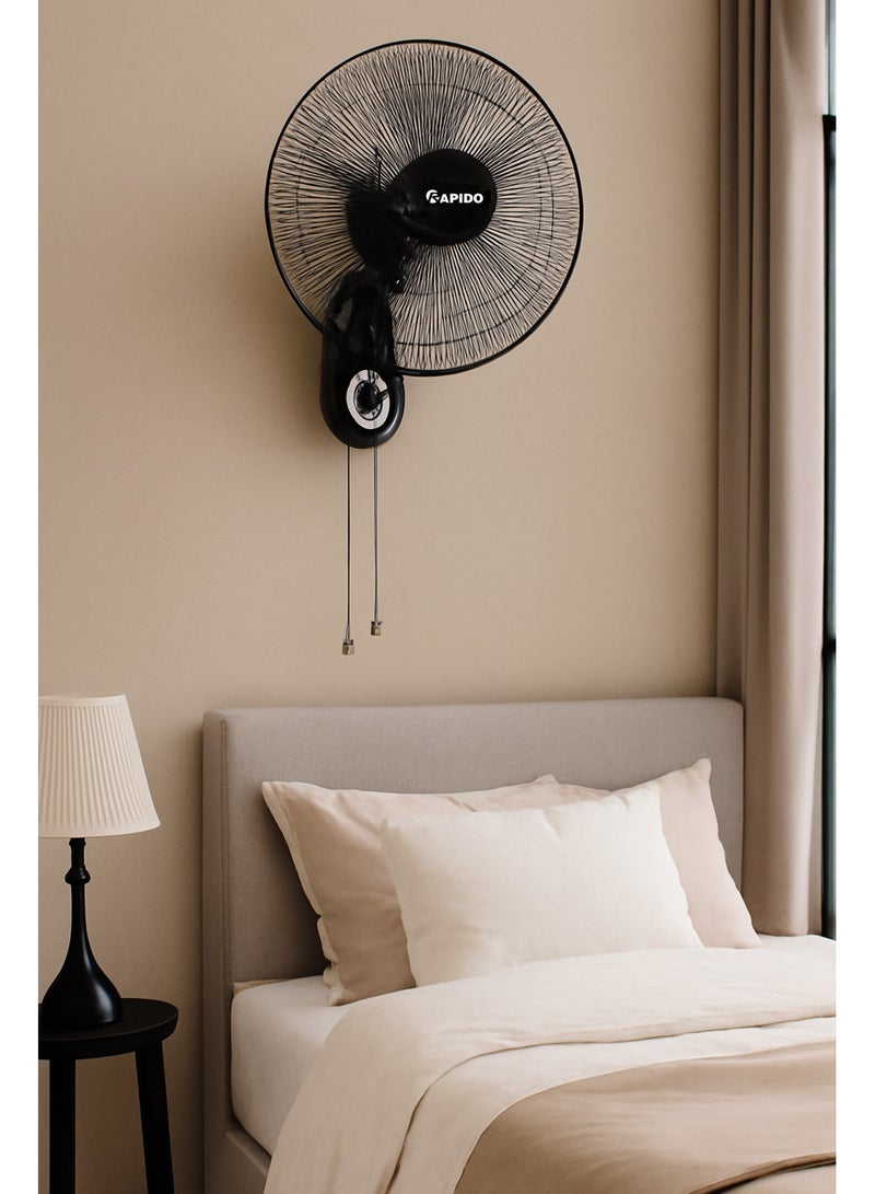 Rapido Electric Fan 52W, Wall Fan, AC Motor, 220V-240V/50-60Hz, 3-Level Wind Mode, 3100m²/h Airflow, 80° Rotation, 5 Blades, Pull Rope Control & Remote Control - Image 4