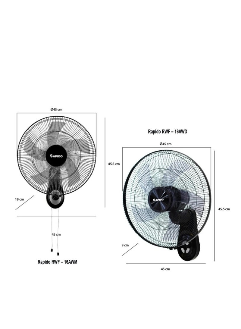 Rapido Electric Fan 52W, Wall Fan, AC Motor, 220V-240V/50-60Hz, 3-Level Wind Mode, 3100m²/h Airflow, 80° Rotation, 5 Blades, Pull Rope Control & Remote Control - Image 2
