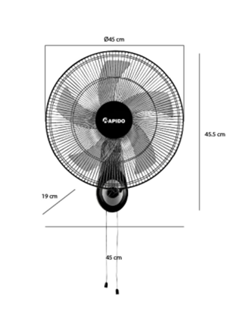 Rapido Electric Fan 52W, Wall Fan, AC Motor, 220V-240V/50-60Hz, 3-Level Wind Mode, 3100m²/h Airflow, 80° Rotation, 5 Blades, Pull Rope Control & Remote Control - Image 3