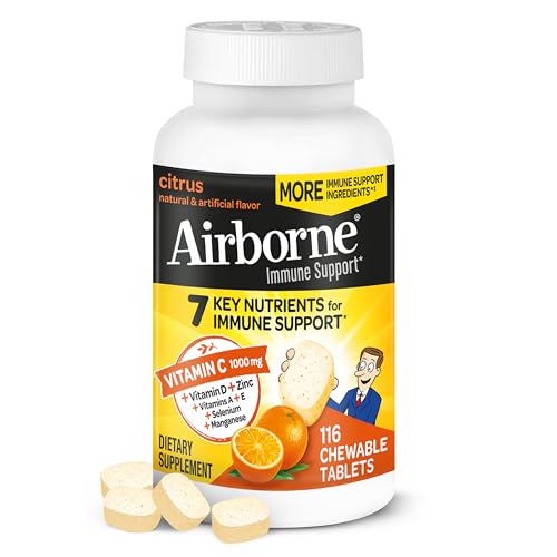 Airborne Vitamin C 1000mg per Serving Citrus Chewable Tablets 116 Count in a Bottle GlutenFree Immune Support Supplement with Vitamins A C E Zinc Selenium Echinacea Ginger Antioxidants